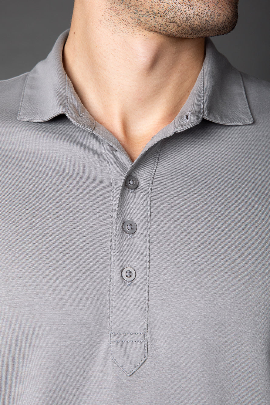 Polo Manga Longa Slim Pima 5 Botões Gola Camisa - Cinza