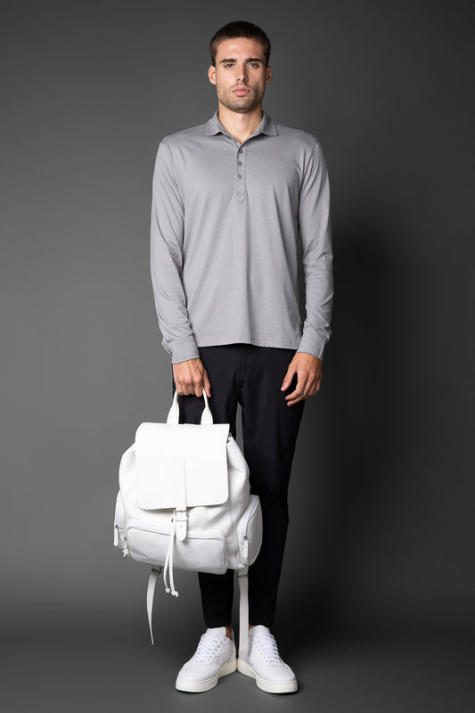 Polo Manga Longa Slim Pima 5 Botões Gola Camisa - Cinza
