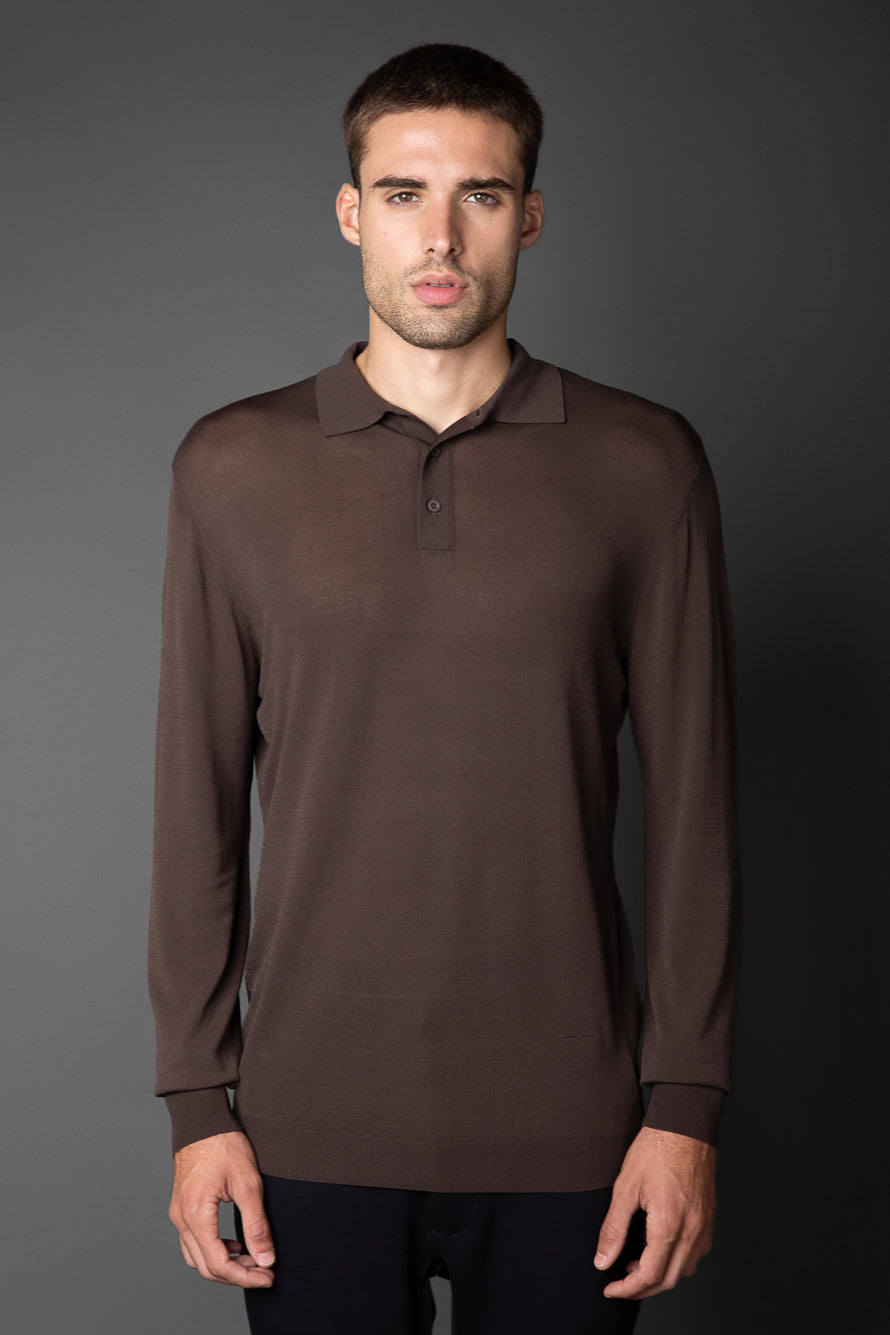 Polo Manga Longa Slim Retilínea 3 Botões - Marrom