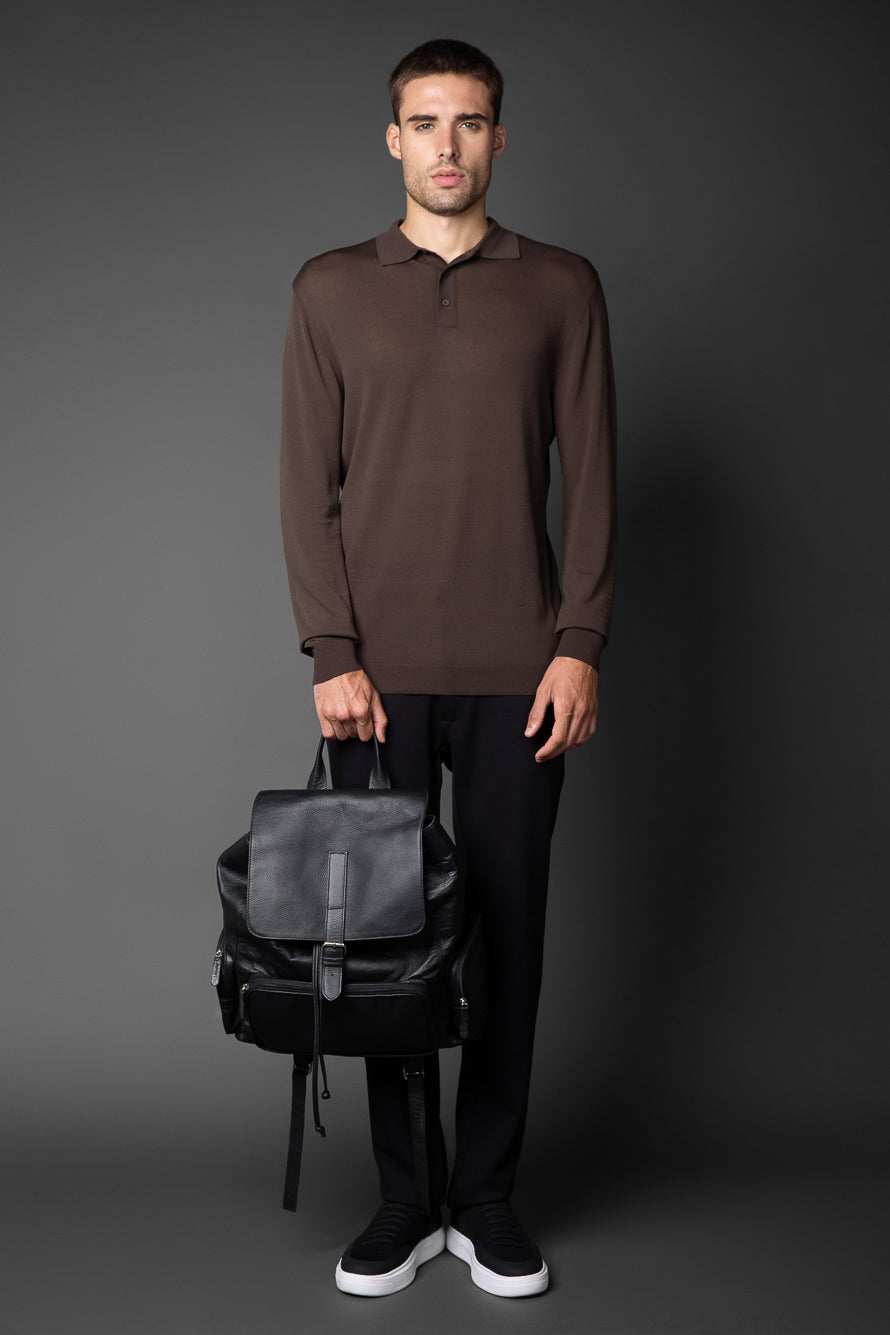 Polo Manga Longa Slim Retilínea 3 Botões - Marrom