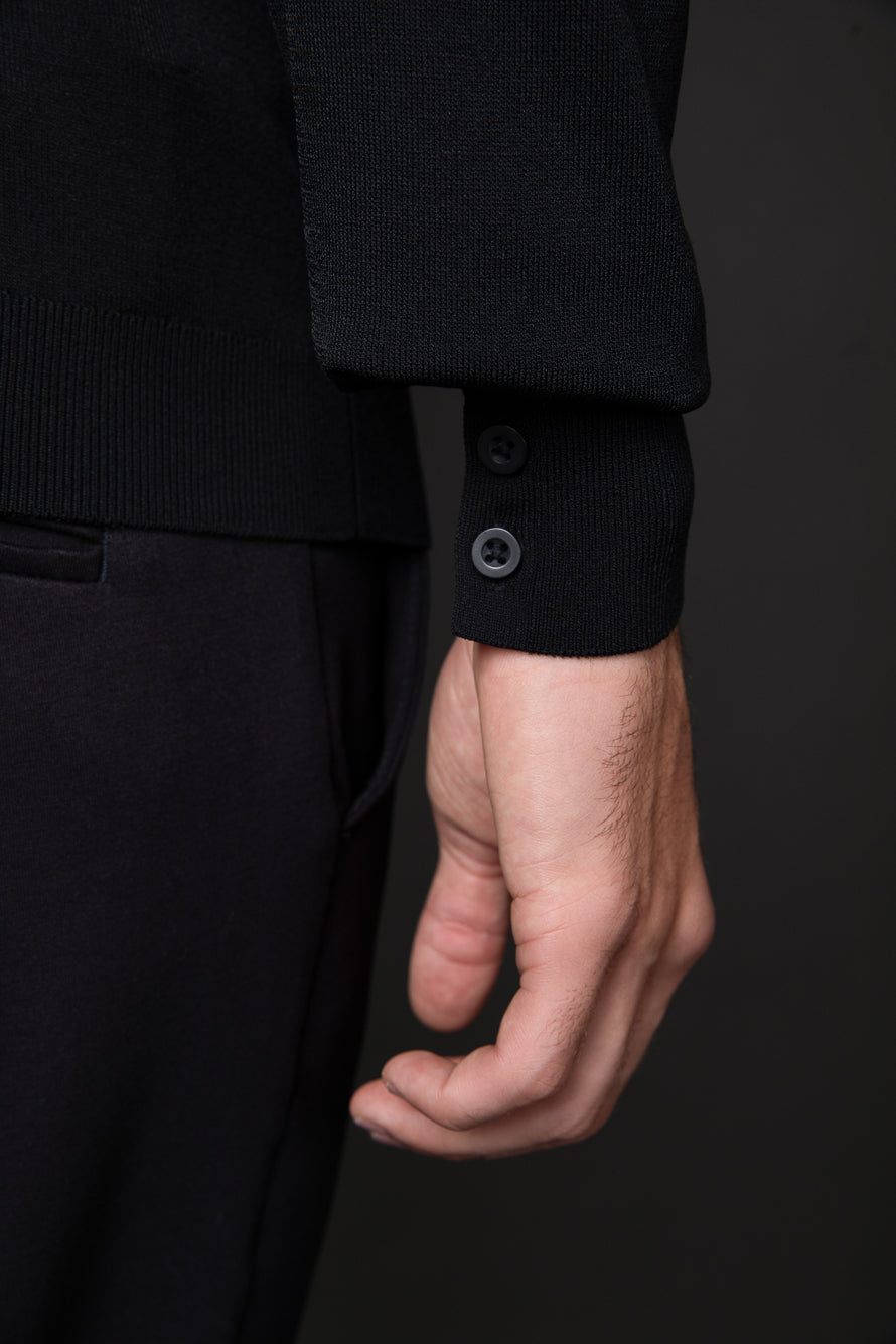 Polo Manga Longa Slim Retilínea 3 Botões - Preto