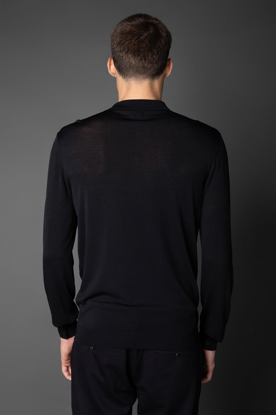 Polo Manga Longa Slim Retilínea 3 Botões - Preto