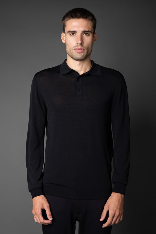 Polo Manga Longa Slim Retilínea 3 Botões - Preto