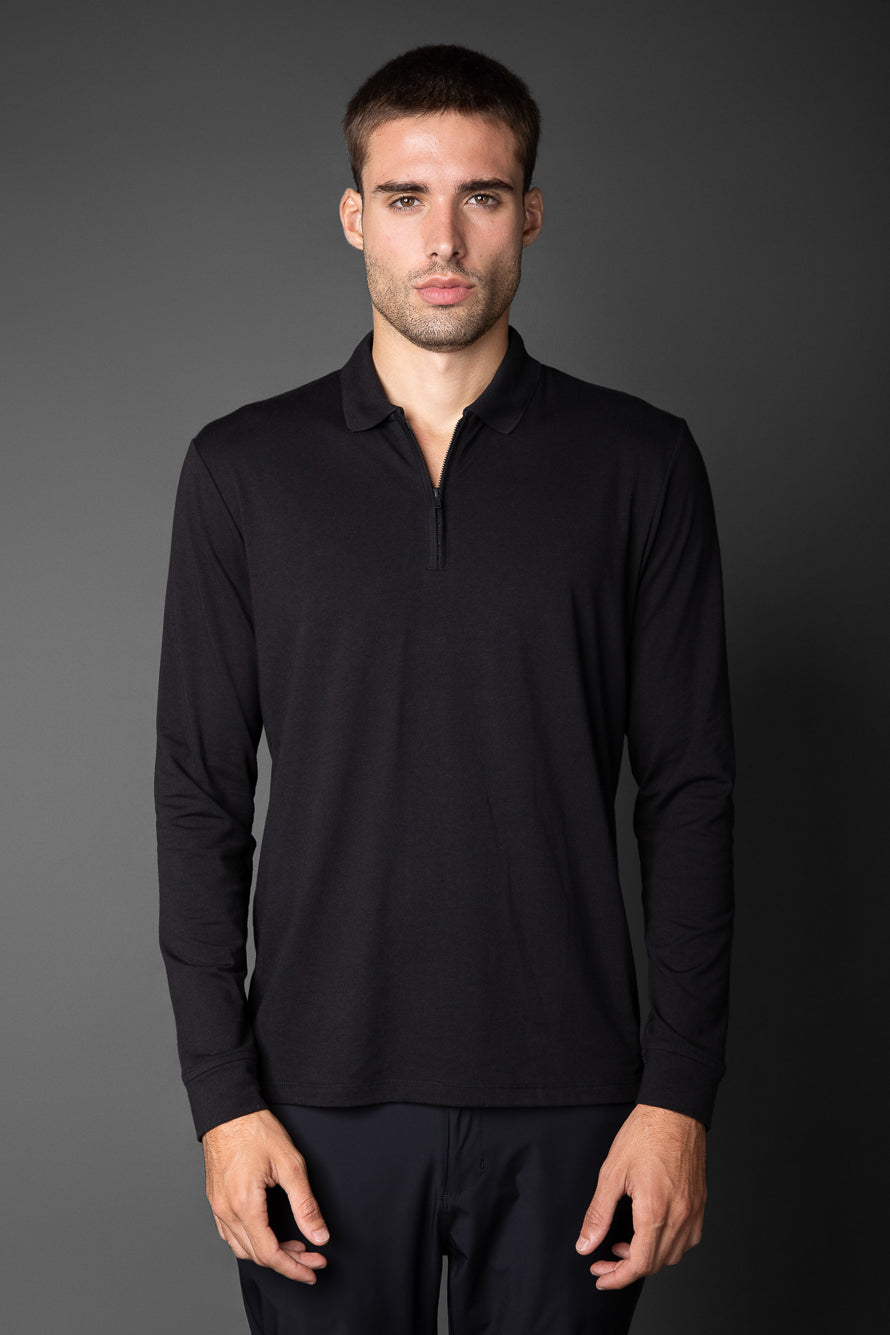 Polo Manga Longa Slim 1/2 Zíper Pima Tecnológica - Preto