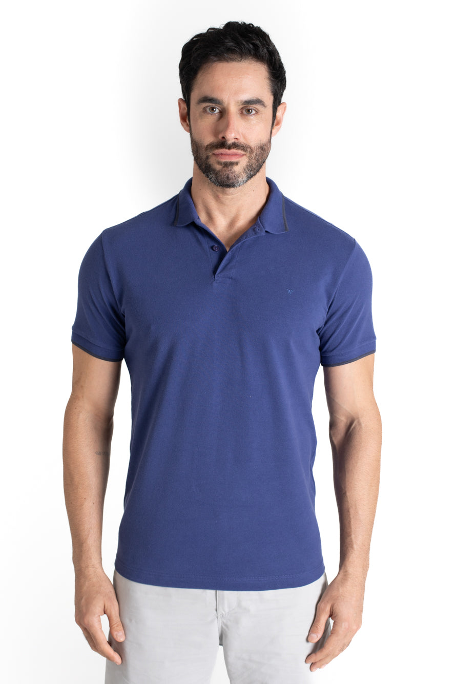 Polo Piquet Com Detalhe Gola - Azul Escuro