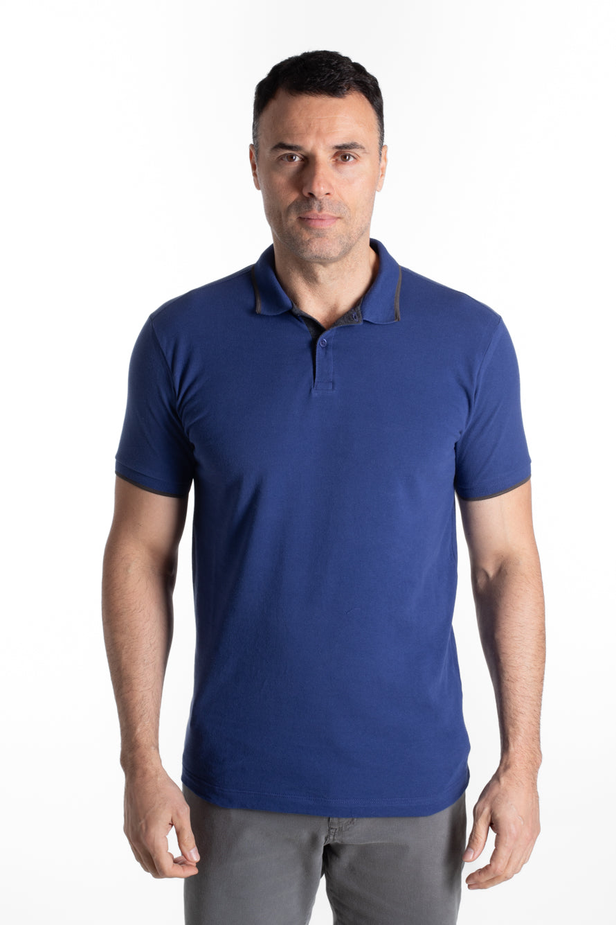 Polo Piquet Com Friso - Azul Escuro