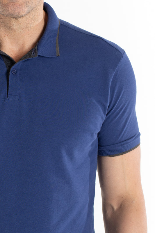 Polo Piquet Com Friso - Azul Escuro