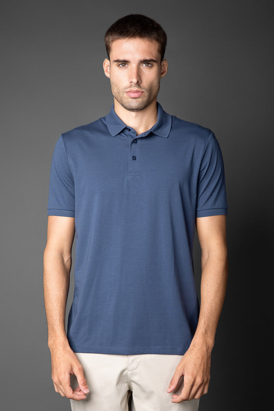 Polo Manga Curta Slim 3 Botões -  Azul Médio