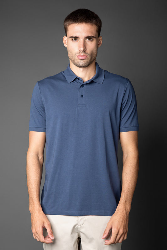 Polo Manga Curta Slim 3 Botões -  Azul Médio
