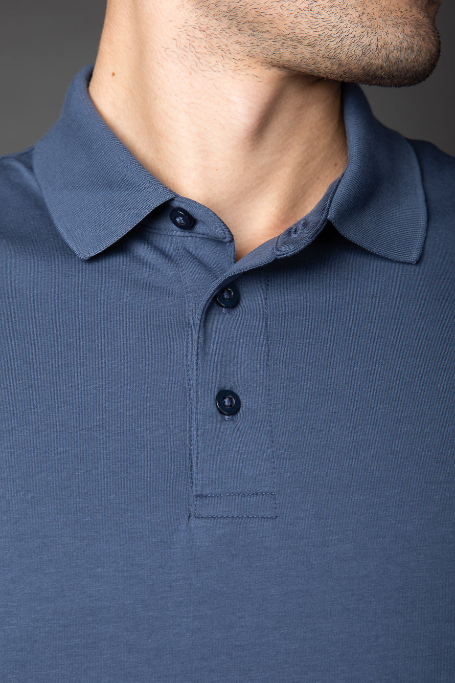 Polo Manga Curta Slim 3 Botões -  Azul Médio