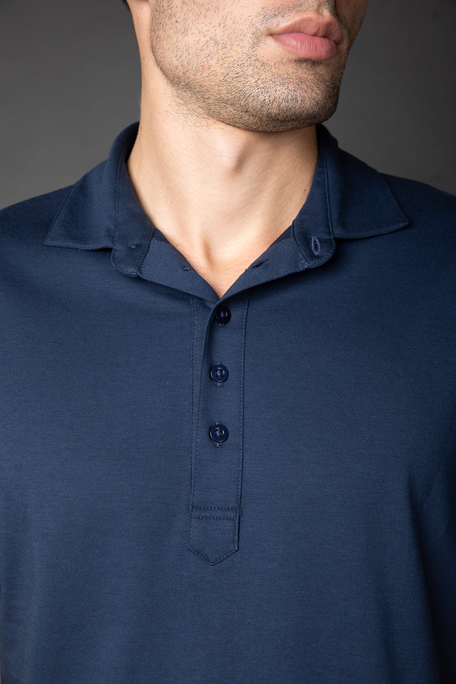 Polo Manga Curta Slim Pima 5 Botões Gola Camisa - Marinho