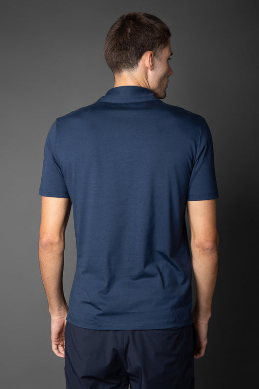 Polo Manga Curta Slim Pima 5 Botões Gola Camisa - Marinho
