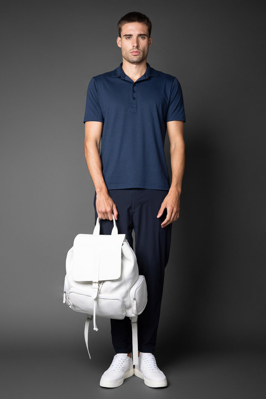 Polo Manga Curta Slim Pima 5 Botões Gola Camisa - Marinho
