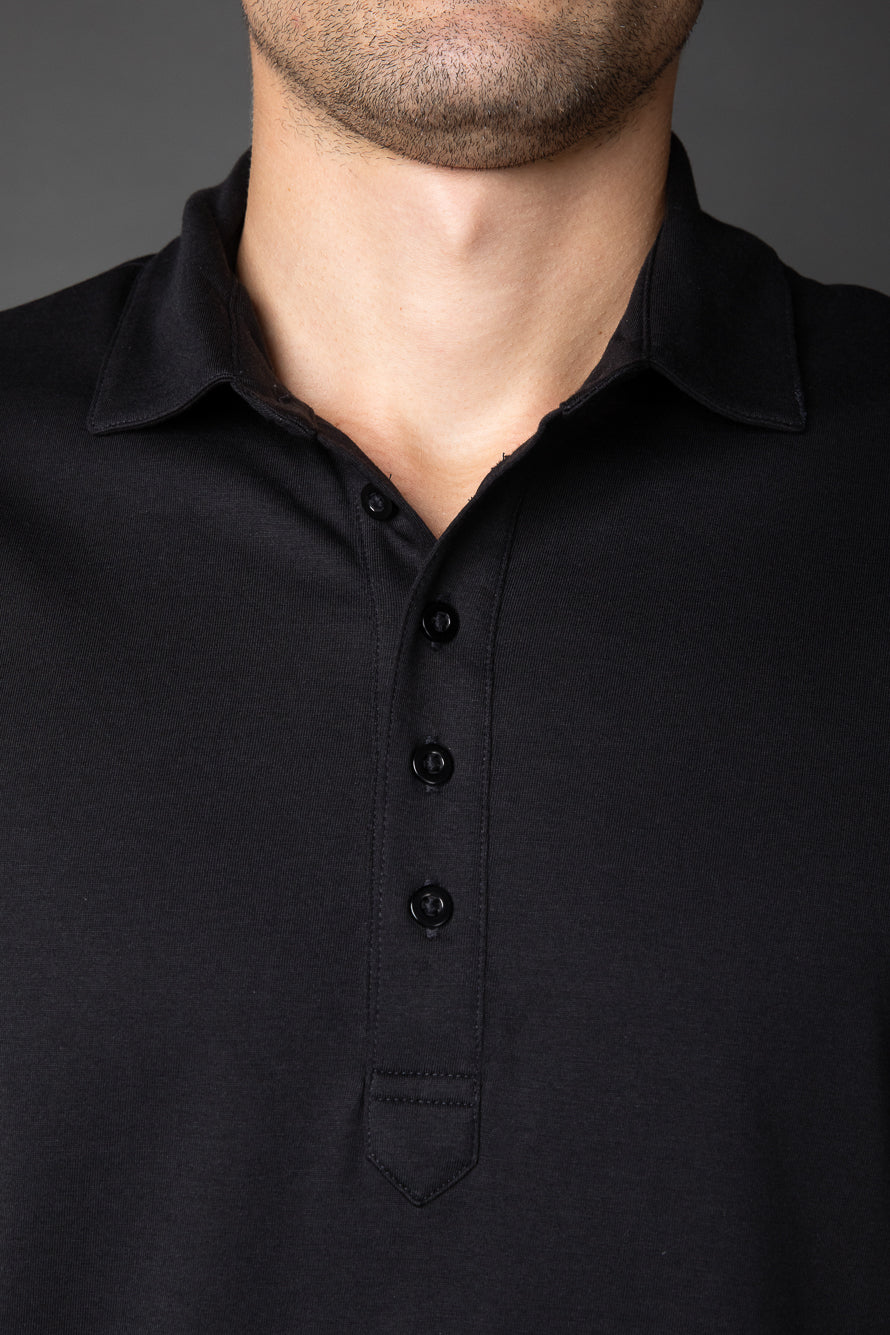Polo Manga Curta Slim Pima 5 Botões Gola Camisa -  Preto