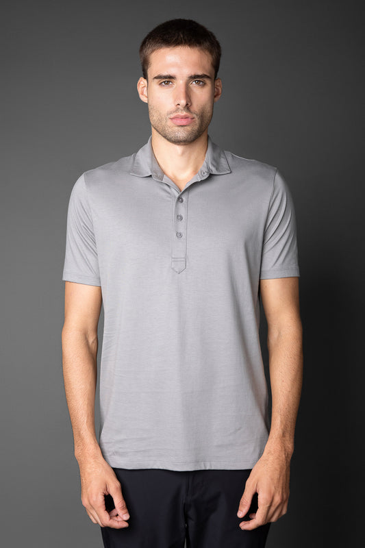 Polo Manga Curta Slim Pima 5 Botões Gola Camisa - Cinza