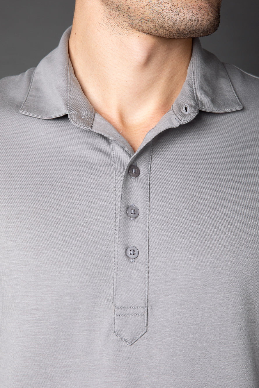 Polo Manga Curta Slim Pima 5 Botões Gola Camisa - Cinza