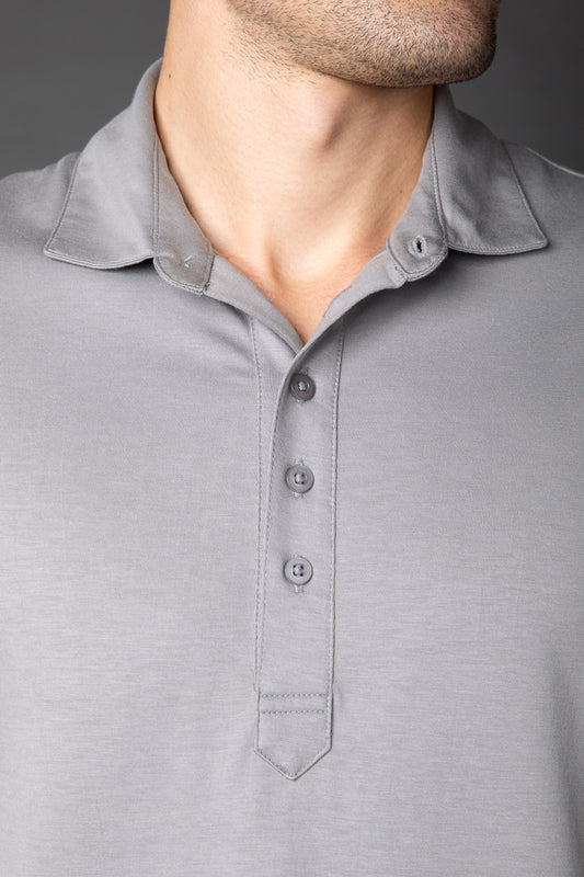 Polo Manga Curta Slim Pima 5 Botões Gola Camisa - Cinza