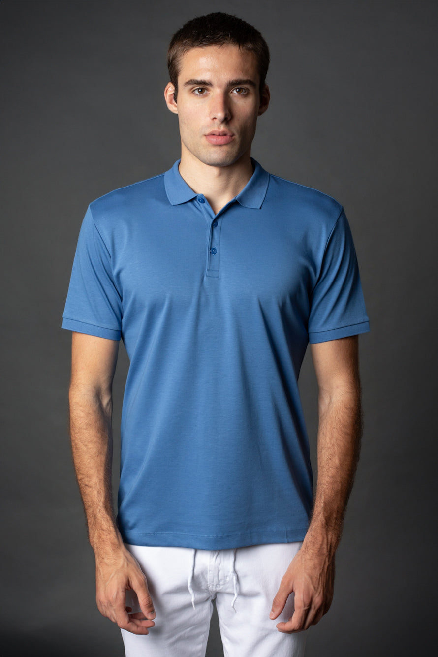 Polo Manga Curta Slim Pima 3 Botões - Azul Medio