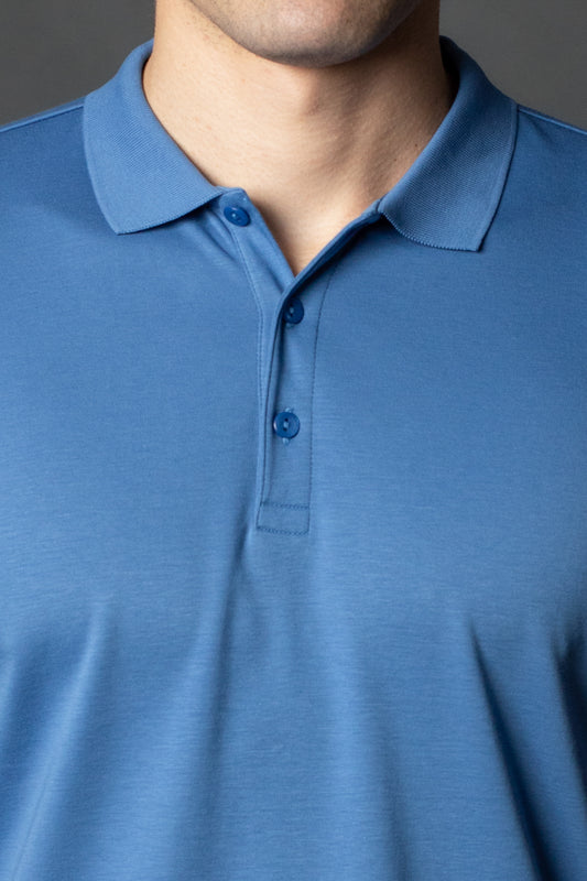 Polo Manga Curta Slim Pima 3 Botões - Azul Medio