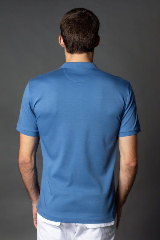 Polo Manga Curta Slim Pima 3 Botões - Azul Medio