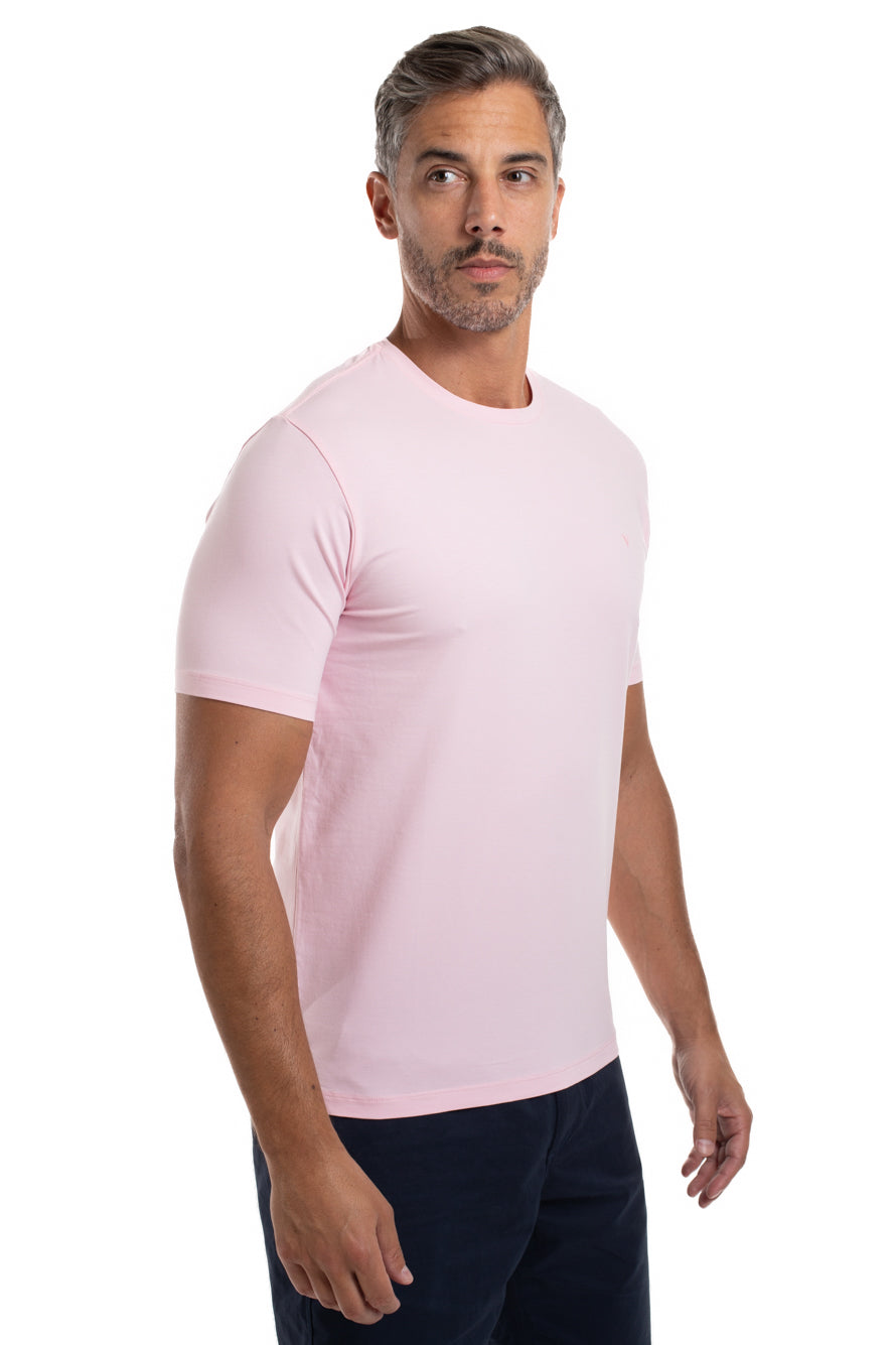 Camiseta Gola Careca Manga Curta Strech Lisa - Rosa Claro