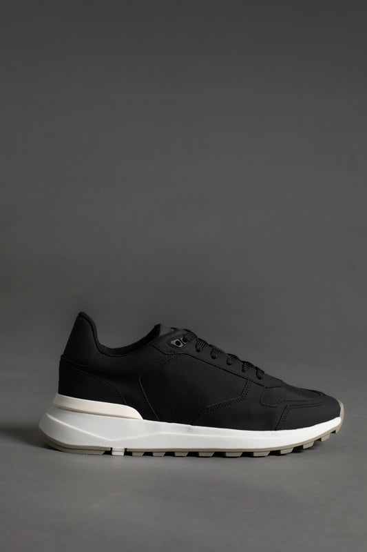 Tênis Couro Recortes Nylon - Preto