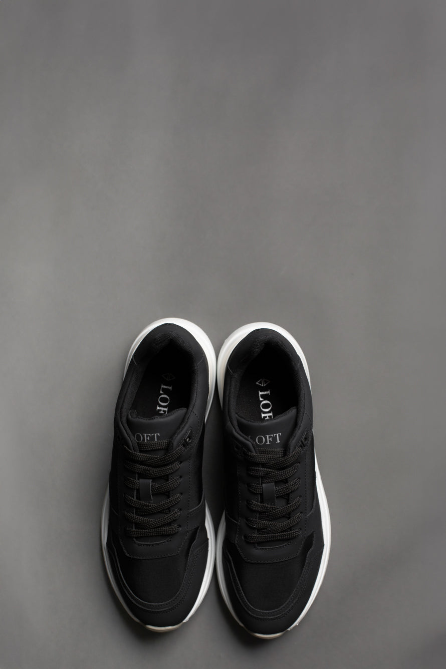 Tênis Couro Recortes Nylon - Preto