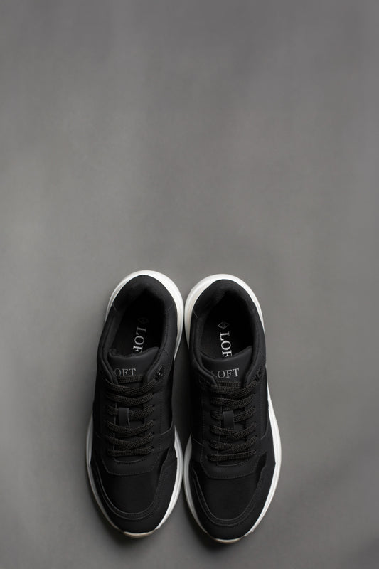 Tênis Couro Recortes Nylon - Preto