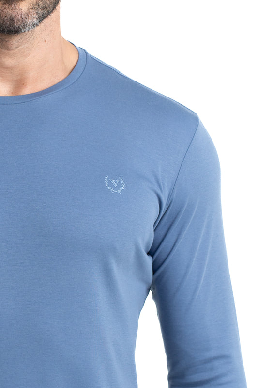 Camiseta Manga Longa Malha Algodão - Azul Medio