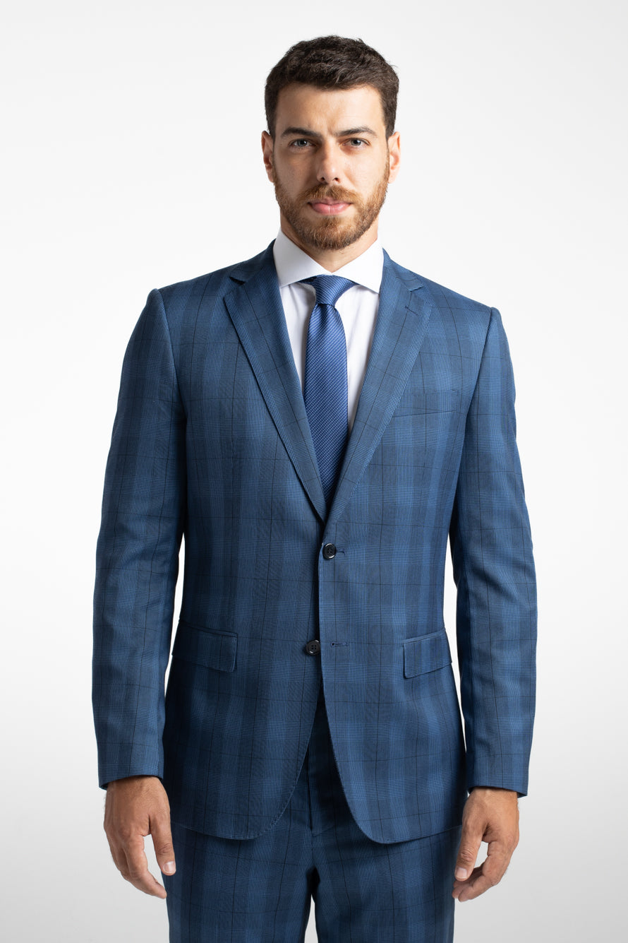 Terno 2 Botões Slim Xadrez Poliviscose - Azul Escuro