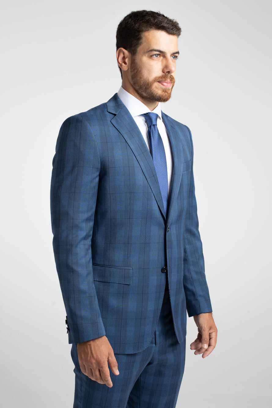 Terno 2 Botões Slim Xadrez Poliviscose - Azul Escuro