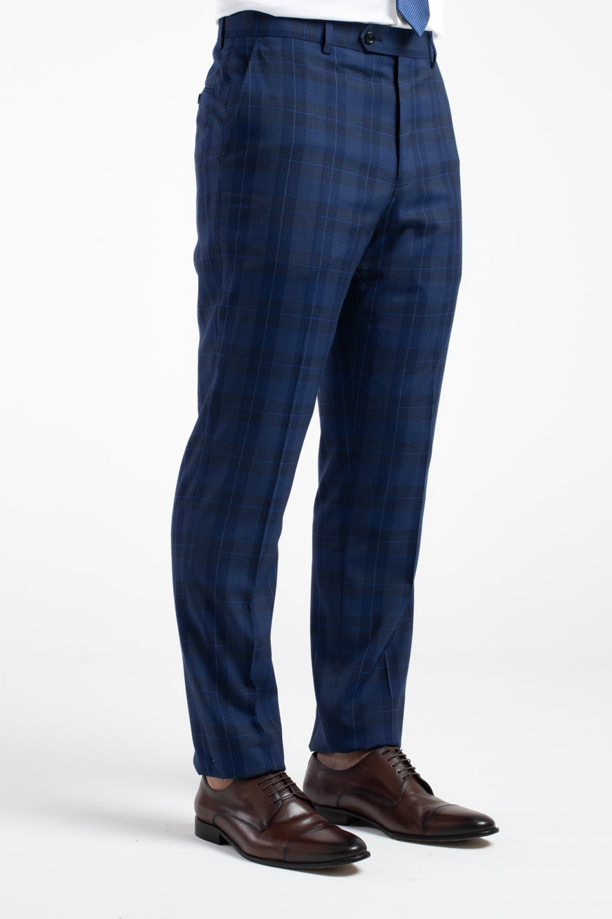 Terno 2 Botões Slim Xadrez Poliviscose - Azul Escuro