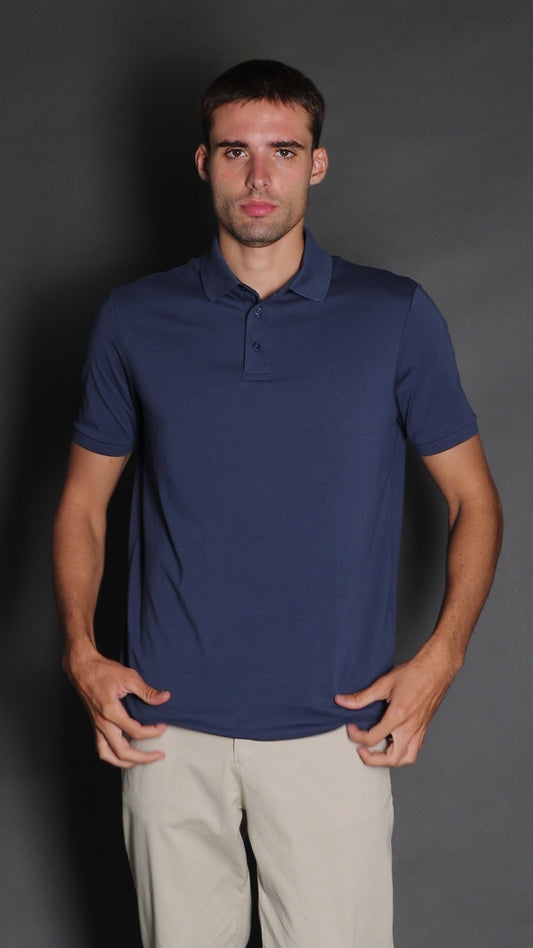 Polo Manga Curta Slim 3 Botões -  Azul Médio
