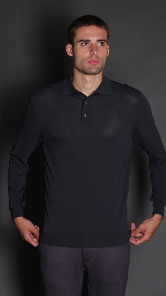 Polo Manga Longa Slim Retilínea 3 Botões - Chumbo