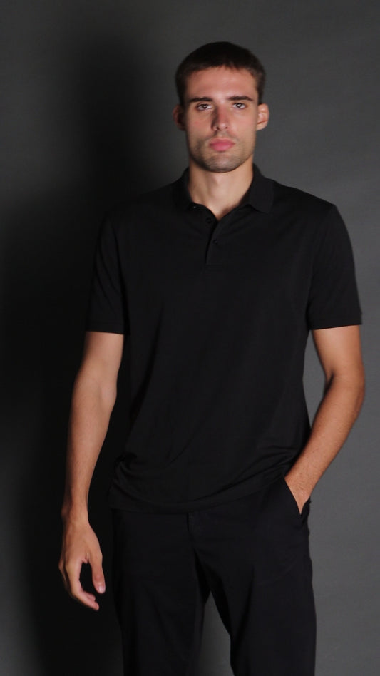 Polo Manga Curta Slim 3 Botões - Preto
