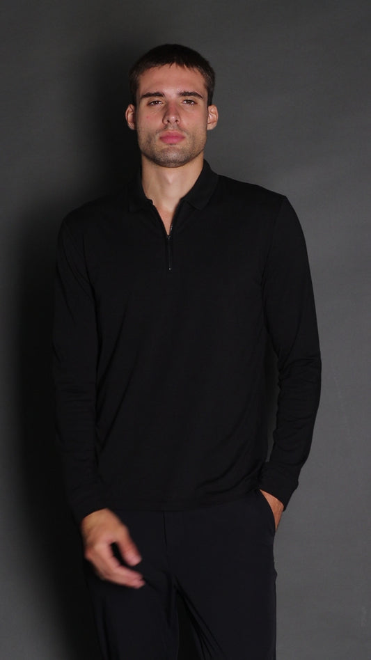 Polo Manga Longa Slim 1/2 Zíper Pima Tecnológica - Preto