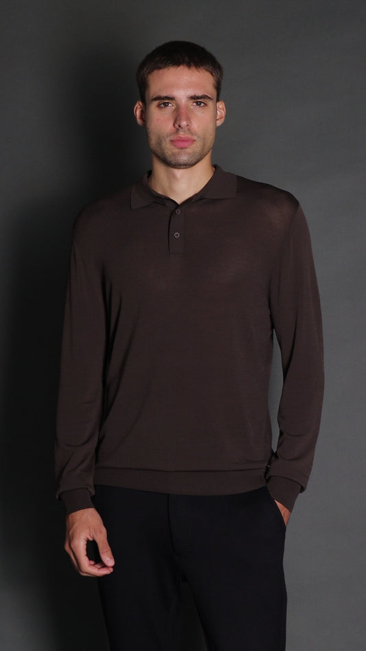 Polo Manga Longa Slim Retilínea 3 Botões - Marrom