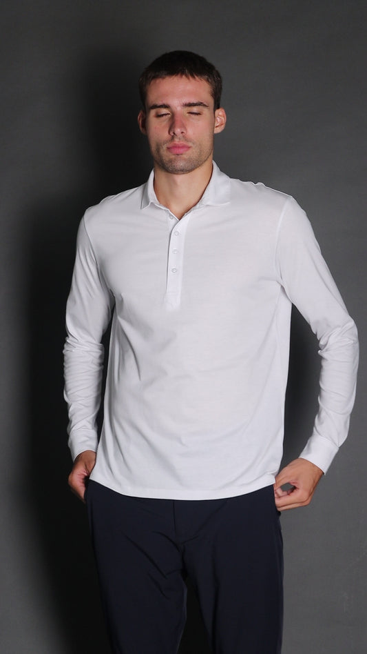 Polo Manga Longa Slim Pima 5 Botões Gola Camisa - Branco