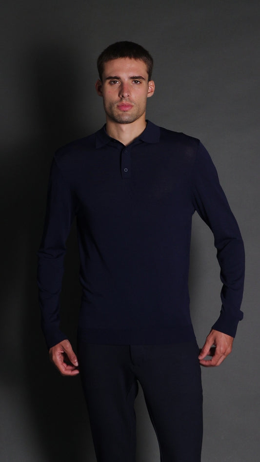 Polo Manga Longa Slim Retilínea 3 Botões - Marinho