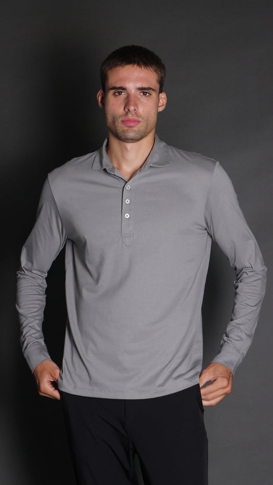 Polo Manga Longa Slim Pima 5 Botões Gola Camisa - Cinza