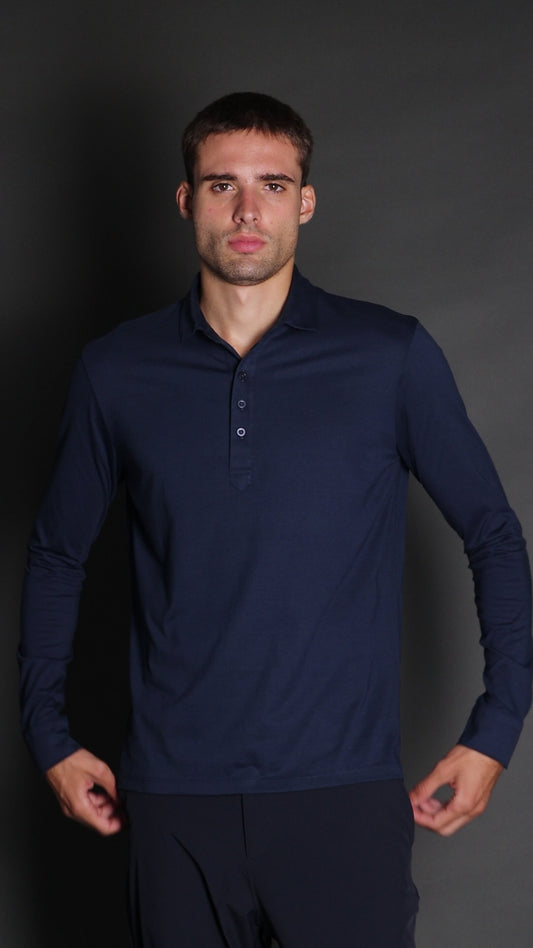 Polo Manga Longa Slim Pima 5 Botões Gola Camisa - Marinho