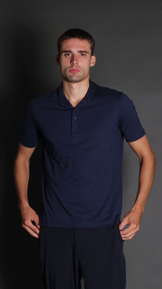 Polo Manga Curta Slim Pima 5 Botões Gola Camisa - Marinho