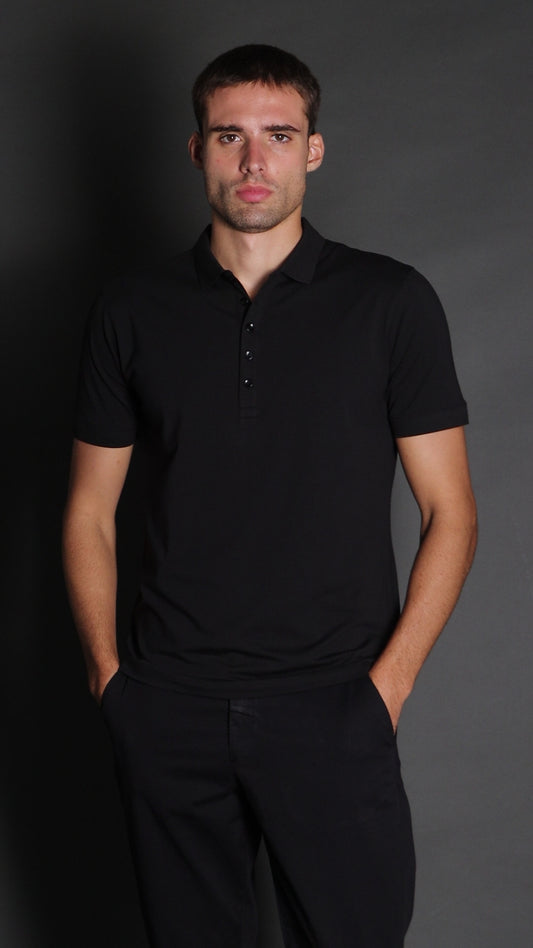 Polo Manga Curta 5 Botões Jersey Pima - Preto