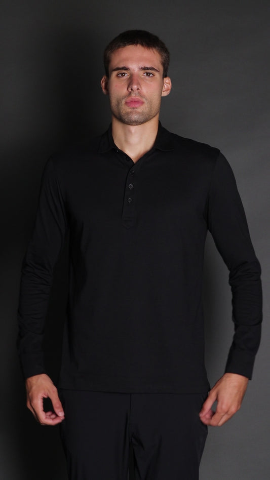 Polo Manga Longa Slim Pima 5 Botões Gola Camisa - Preto