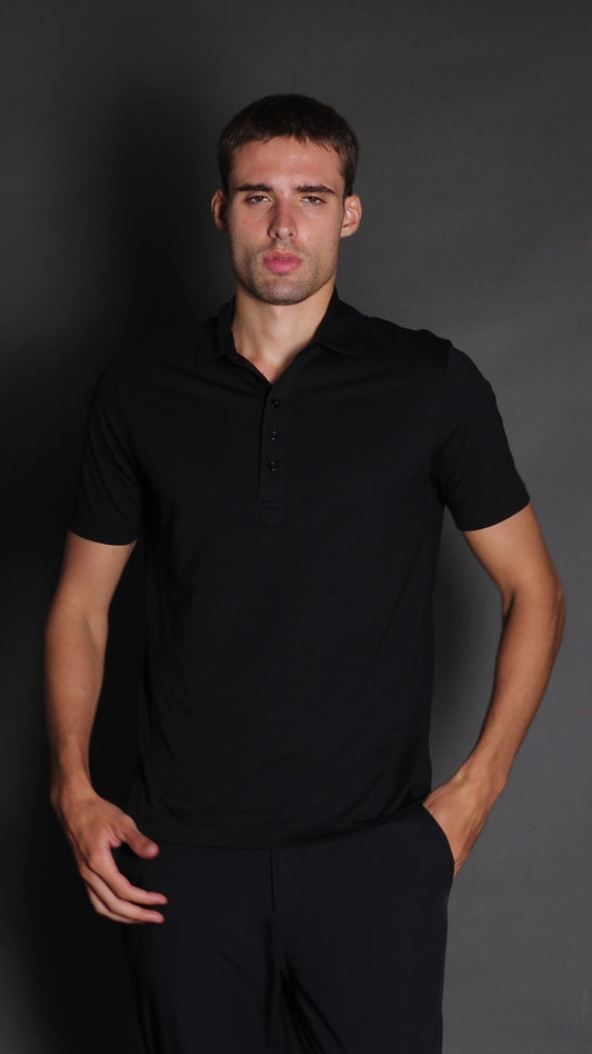 Polo Manga Curta Slim Pima 5 Botões Gola Camisa -  Preto