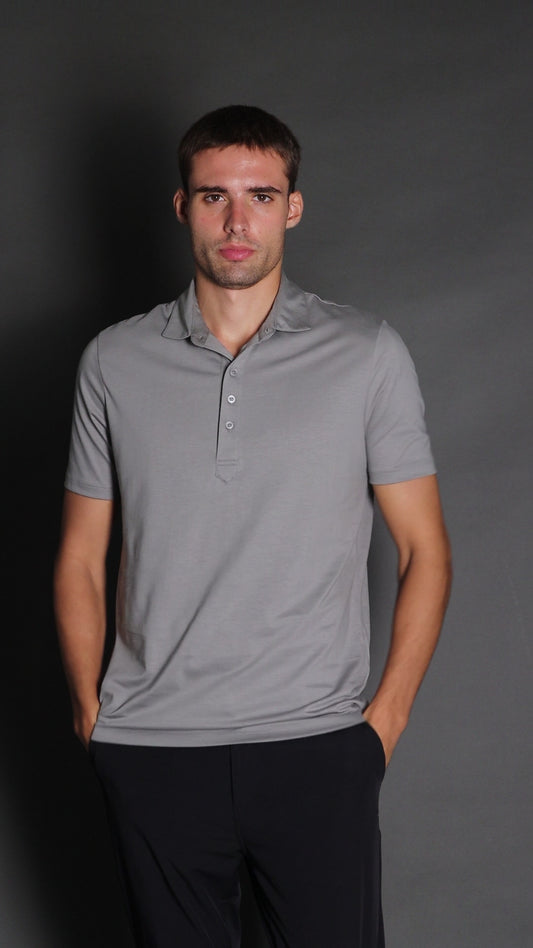 Polo Manga Curta Slim Pima 5 Botões Gola Camisa - Cinza
