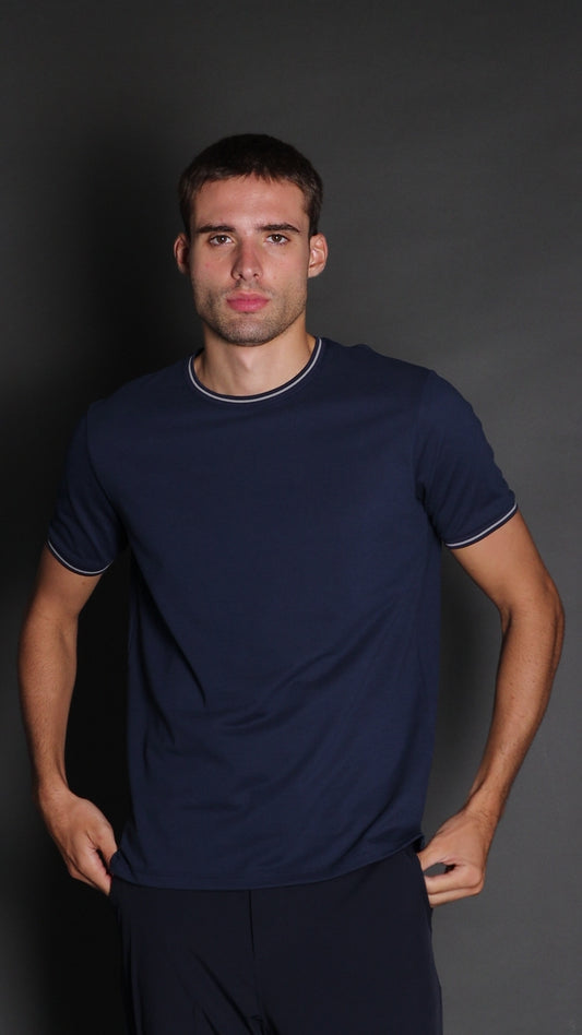 Camiseta Manga Curta Slim Pique Friso Duplo - Marinho