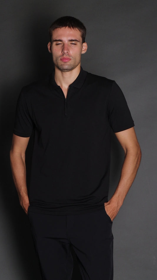 Polo Manga Curta Slim 1/2 Zíper Pima Tecnológica - Preto