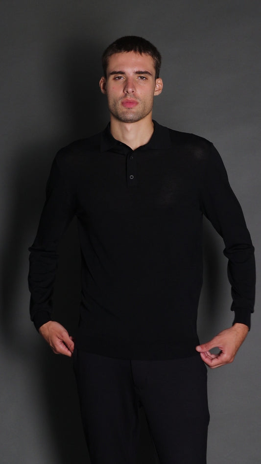 Polo Manga Longa Slim Retilínea 3 Botões - Preto