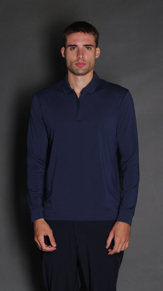 Polo Manga Longa Slim 1/2 Zíper Pima Tecnológica - Marinho